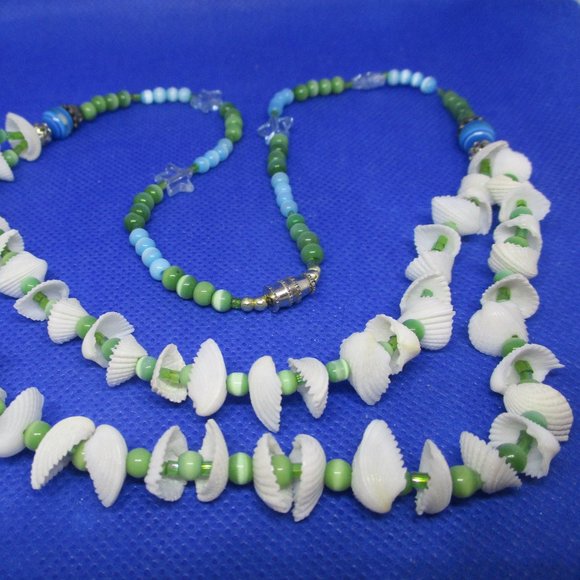 SEASHELL NECKLACE MOONGLOW Blue Green Beads 2 Strand Bead Seashell Moonglow - Picture 4 of 11